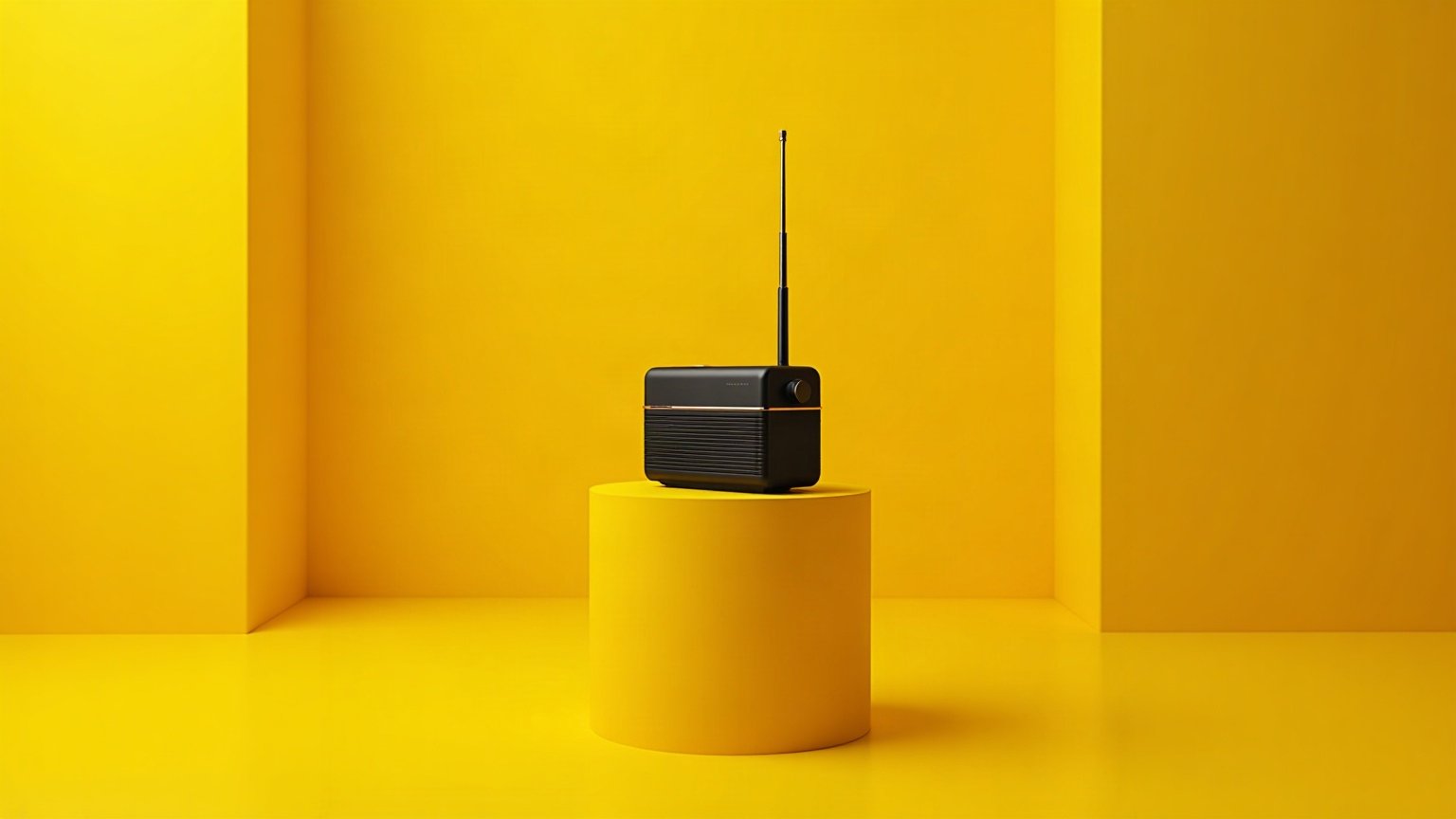 Émetteur radio noir posé sur un socle, dans une pièce entièrement jaune