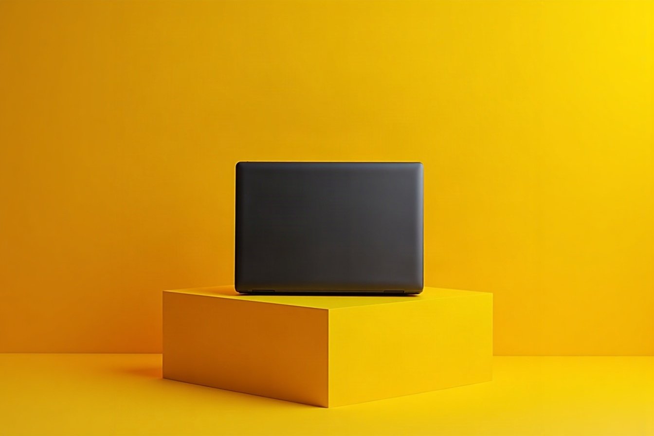 Ordinateur portable noir fermé posé sur un cube jaune